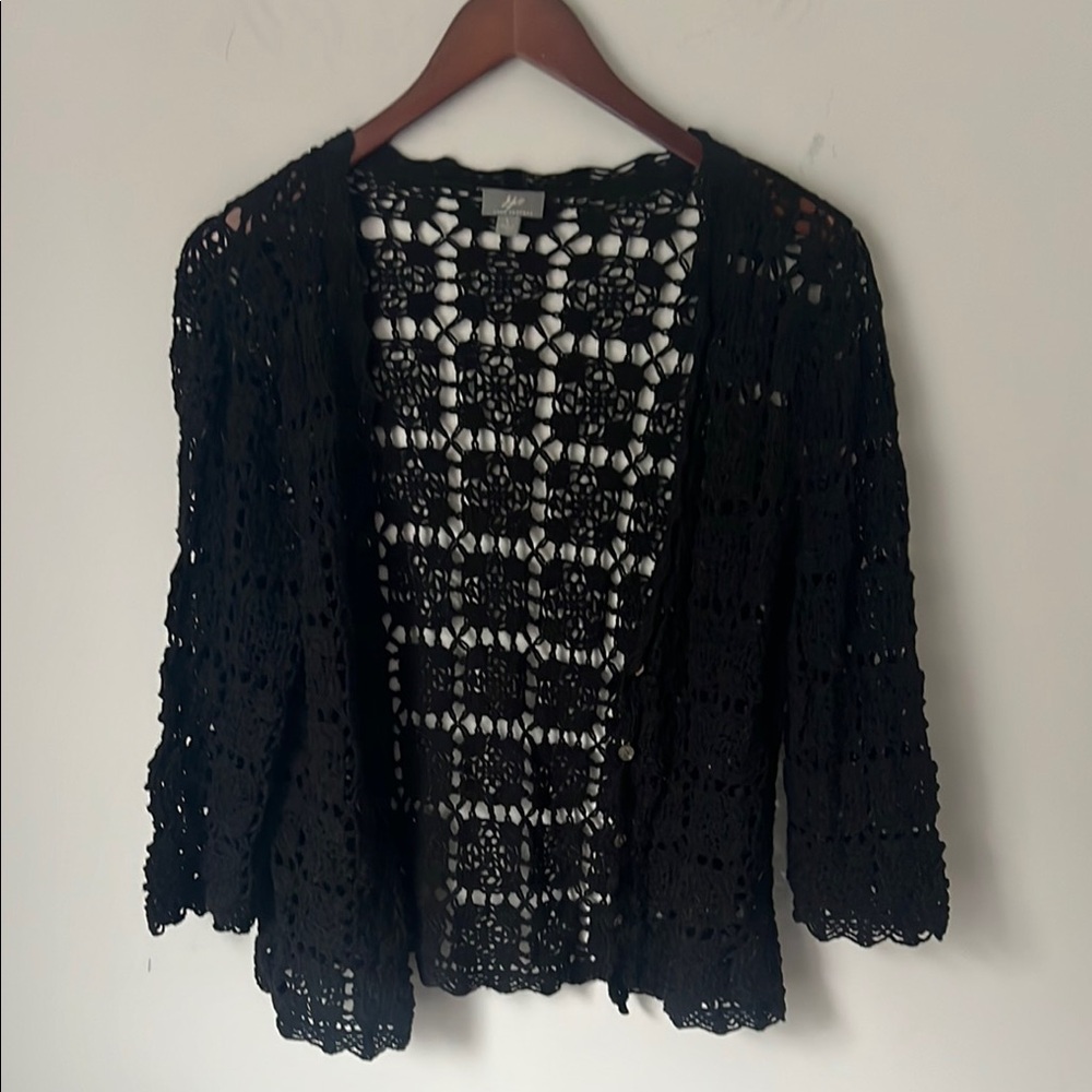 J. Jill Womens Hand Knit Vintage Cardigan Size L Open Knit Open Front Cropped #